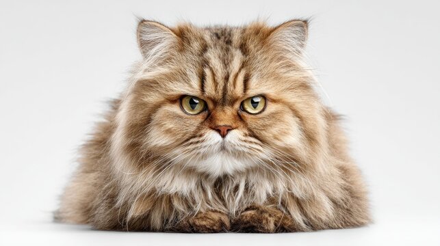 Grumpy Persian cat with striking yellow eyes stares intensely at the camera