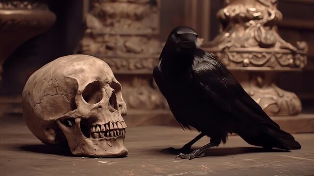 Black Raven Perching Next to a Human Skull in a Dark Gothic Setting