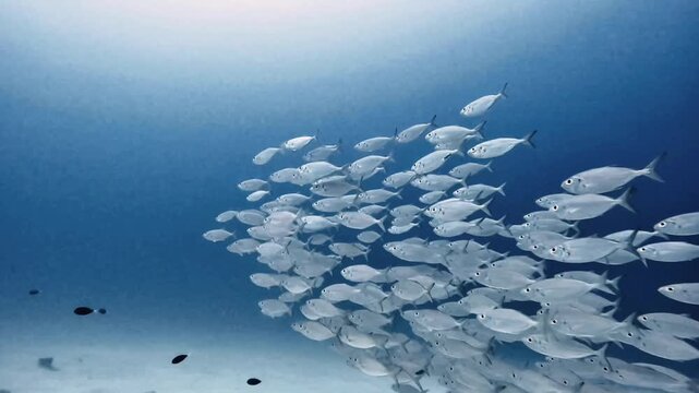 School of Silver Fish Swimming Above Sandy Seabed