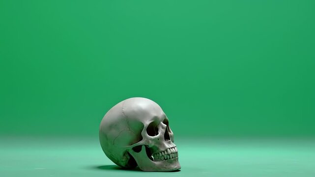 Black Raven Perched on Human Skull Flying Away on Green Screen