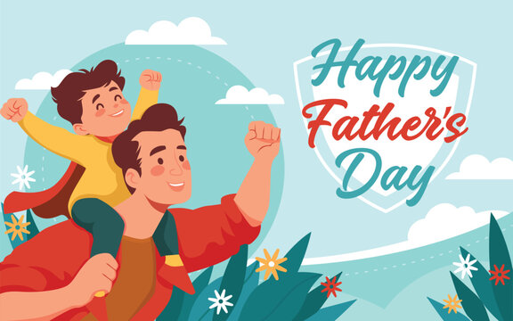 Happy Father&rsquo;s Day Greeting Card with Superhero Dad Carrying Child on Shoulders, Pastel Flat Illustration