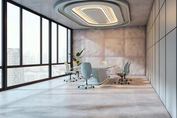 Fototapeta premium Modern corporate meeting room with sleek table, ergonomic chairs, large panoramic windows, refined ceiling lighting and spacious contemporary interior design. 3D Rendering