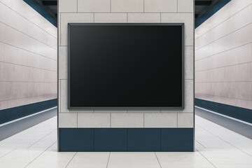 Fototapeta premium Blank modern display board mockup placed in a clean contemporary corridor setting with tiled walls and balanced lighting for design presentations. 3D Rendering