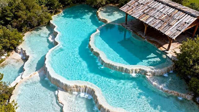 Aerial view of turquoise terraced pools
