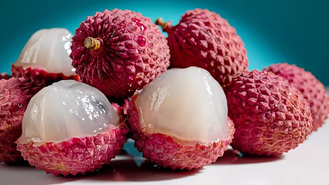 Fresh lychees arranged in a close-up view highlighting rich colors and textures. Bright background setting enhances fruit details. Concept of food, tropical fruit, culinary arts