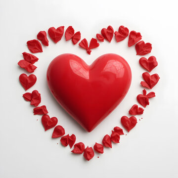 Red Heart Sculpture Surrounded by Crumpled Hearts on White Background