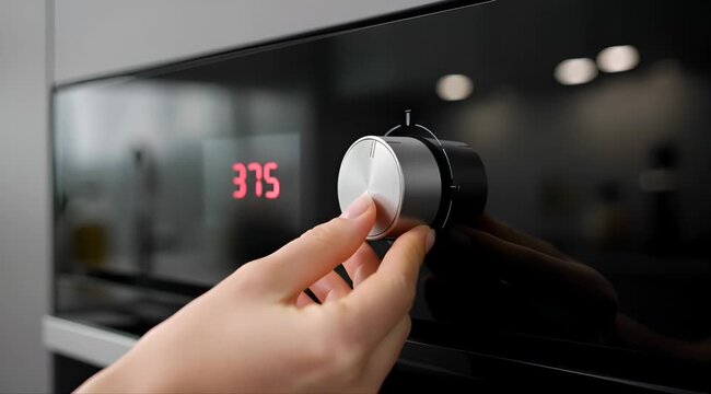 A hand sets the digital temperature to 375 on a modern kitchen oven