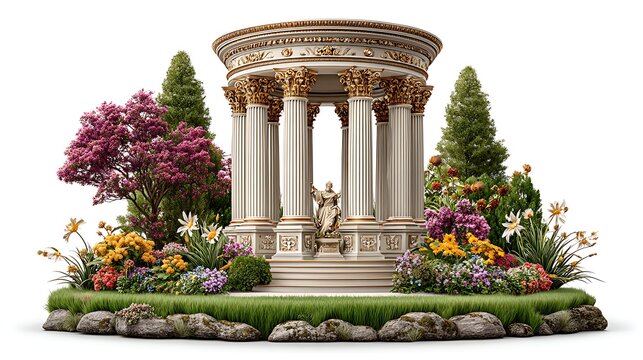 Classical architecture garden temple surrounded by flowers high resolution picture