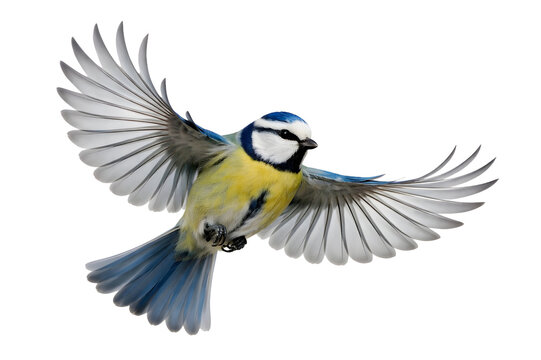 Blue Tit Bird Flying with Wings Spread Isolated on White Background &ndash; Colorful Wild Bird in Flight