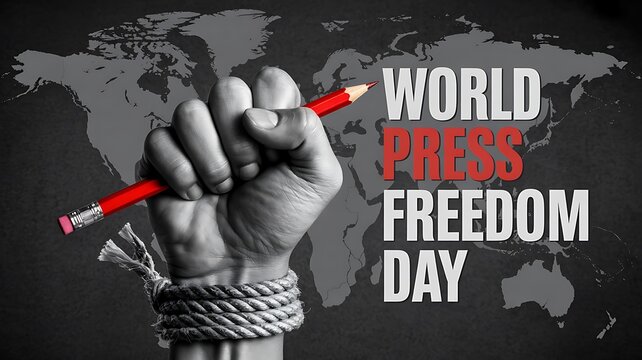 World press freedom day concept with bound fist holding pencil symbolizing journalism rights