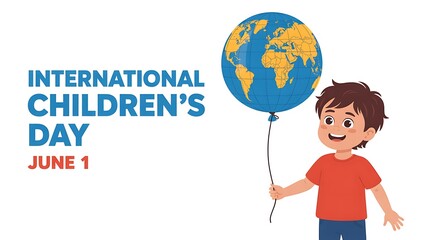 Fototapeta premium International childrens day illustration with happy kid and globe balloon representing childhood joy celebration and global awareness