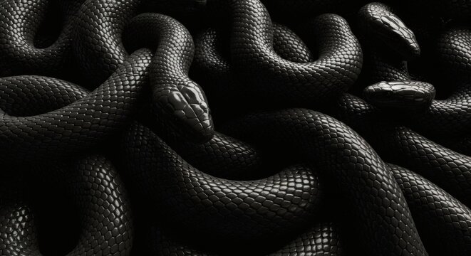 A dark and mysterious tangle of black snakes coiled together creating a textured background.