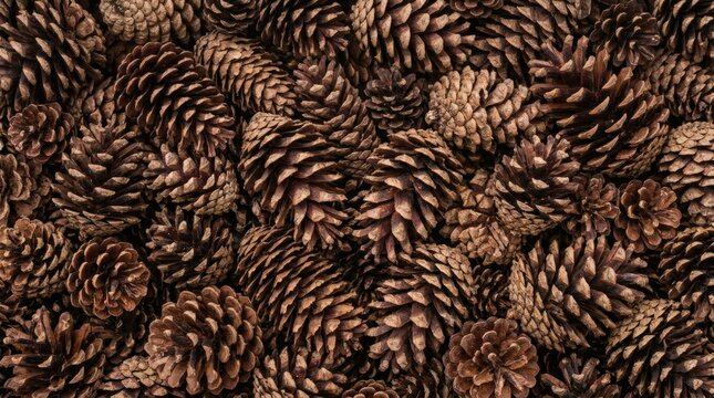A dense textured background of natural brown pinecones from a forest floor.