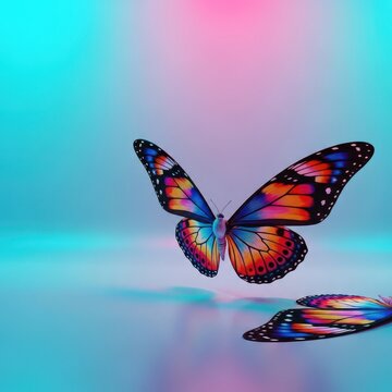 Etherea creatura alata ritratta in uno scenario onirico, con enormi ali decorate simili a quelle di una farfalla tropicale e vivace, travestimento, ali di farfalla, mistico