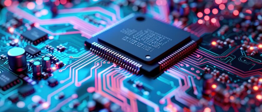  Macro close-up of a microchip processor on a blue printed circuit board with glowing traces. High tech computer hardware background.