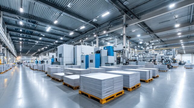 Modern industrial factory interior with automated machinery and stacked materials on pallets