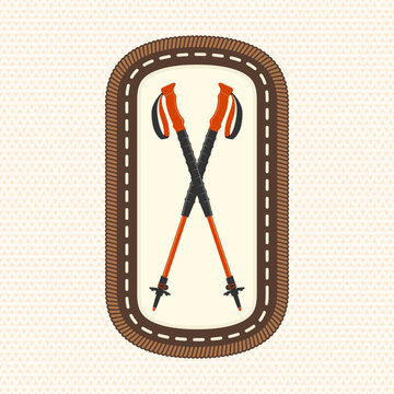 Scout badge with trekking poles. Vector. Merit patch, sticker for camping outdoor and academic activities. Perfect for scouting groups, camping events, bike clubs, outdoor apparel, stickers