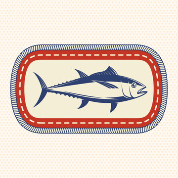 Scout badge with tuna fish. Vector. Merit patch, sticker for camping outdoor and academic activities. Perfect for scouting groups, camping events, outdoor apparel, stickers, embroidery, and logo