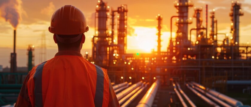  Back view of an industrial inspector in safety gear looking at pipelines and an oil refinery complex at sunset. Engineering and production control concept.