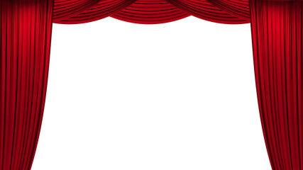Open Red stage curtain with upper lambrequin, photo, png isolated on transparent background