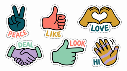 Fototapeta premium Collection of colorful illustrative hand gesture stickers including thumbs up peace sign heart shape handshake point and wave, concept for social media branding corporate deal and advertising
