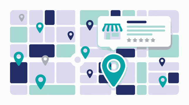 Digital flat illustration of city map grid with multiple location pins and store info popup with five stars, concept for local SEO, business directory and digital navigation services