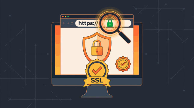 Computer monitor displaying secure web browser with magnifying glass and SSL certificate badge on dark background, concept for website security, data encryption and cyber privacy protection