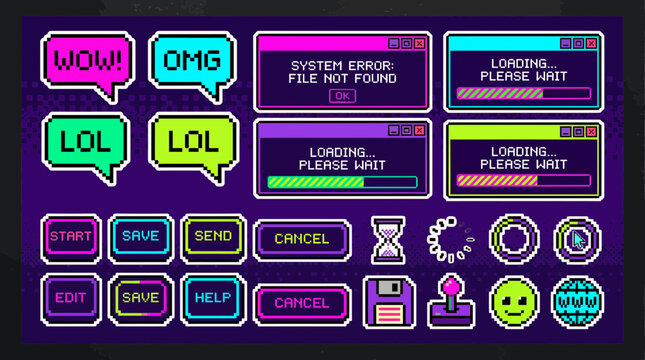 Pixel art neon interface elements collection with retro loading bars speech bubbles and vintage computer buttons, concept for retro gaming interface, web design and creative app marketing