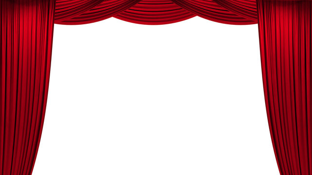 Open Red stage curtain with upper lambrequin, photo, png isolated on transparent background