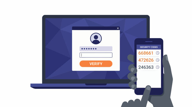 Security administrator using smartphone security codes for two factor authentication on laptop screen, concept for cybersecurity protection, digital identity safety and account verification