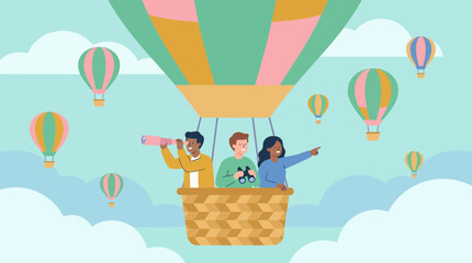Obraz premium Diverse group of business analysts and corporate executives flying in hot air balloons using binoculars to find opportunities, concept for strategic planning, market vision and growth