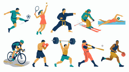 Obraz premium Collection of flat vector illustrations depicting professional athletes in various sports isolated on white background, concept for athletic training, sports competition and fitness club