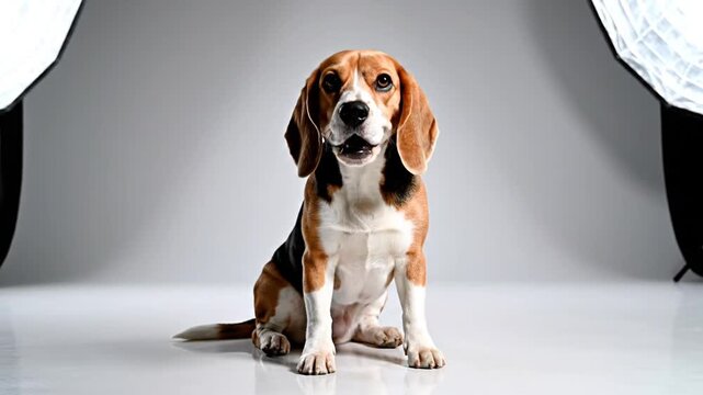 Alert beagle dog sitting in studio with soft lighting