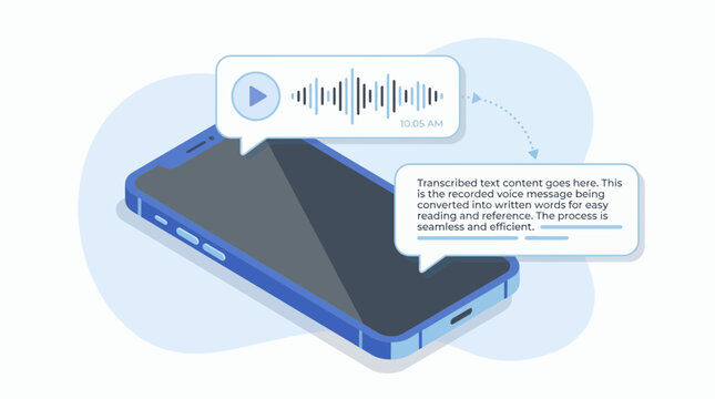 Isometric smartphone displaying audio waveform and transcribed text bubbles on light blue background, concept for mobile communication, speech recognition technology and digital accessibility