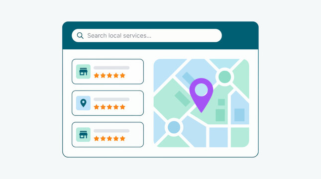 Web interface showing local service search results with business ratings and map location pin, concept for local seo strategy, business directory and digital marketing growth