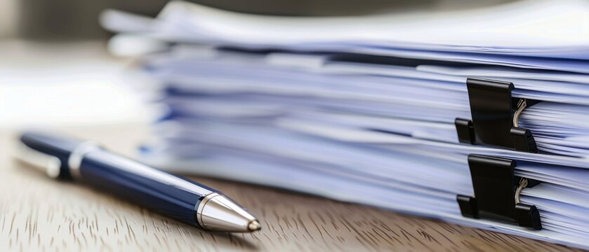 Stapel von Gesch&auml;fts-Dokumenten mit Foldback-Klammern und einem Stift auf einem Holzschreibtisch. Konzept f&uuml;r B&uuml;roarbeit, Vertr&auml;ge und Verwaltung