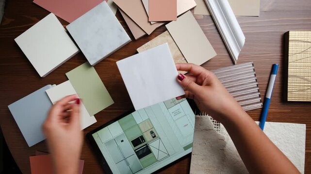 Interior design workflow with samples spread on desk and planning drawings in Dubai
