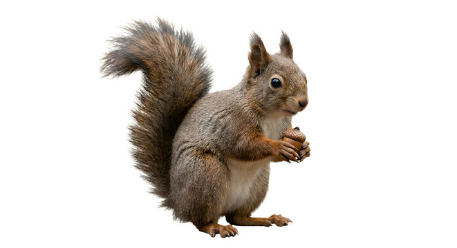 Cute fluffy squirrel holding an acorn isolated on white background, realistic wild animal photography, bushy tail squirrel side view