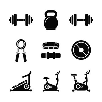 Set of fitness equipment icons including dumbbells, kettlebell, jump rope, exercise bike, and weight plates for gym and workout