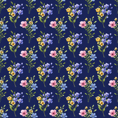 Obraz premium Seamless dark blue pattern with pink, blue and yellow flowers, leaves, repeating paper, background. Floral backdrop for textile, fabric, wallpaper. Hand drawn flowers and leaf.