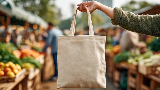 Hand holding a blank canvas tote bag at a vibrant outdoor farmers market