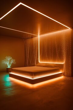 Futuristic bedroom with glowing orange canopy bed