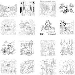 Naklejka premium Vector graphic elements set: koi fish stamp, snake target, city skyline, and alien face, yin yang