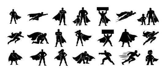 Superhero Silhouette Set Collection – Generic Hero Poses, Flying, Running, Strength Action Characters Vector Icons © Mediasegment