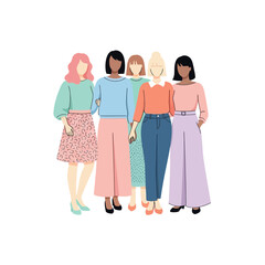 Obraz premium Diverse Women Group Standing Together, Flat Illustration Style