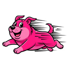Fototapeta premium A cheerful, chubby cartoon dog illustration in vibrant hot pink, leaping forward with heavy black outlines and dynamic speed lines on a white background. Visual concept for rapid action and energy