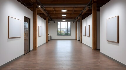 Fototapeta premium Empty art gallery hallway with wooden floors white walls and empty frames ready for exhibition