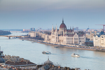 Fototapeta premium panorama view at the parliament with Danube river in Budapest