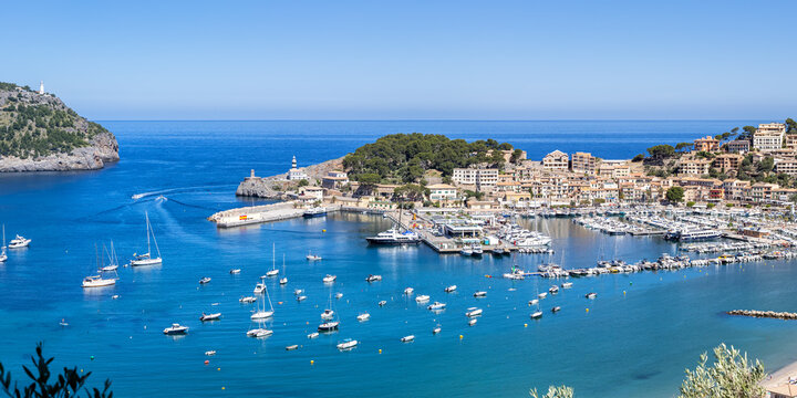 Port de Soller on Mallorca island from above marina with boats panorama holiday by the sea beach in Spain