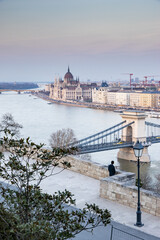 Obraz premium panorama view at the parliament with Danube river in Budapest